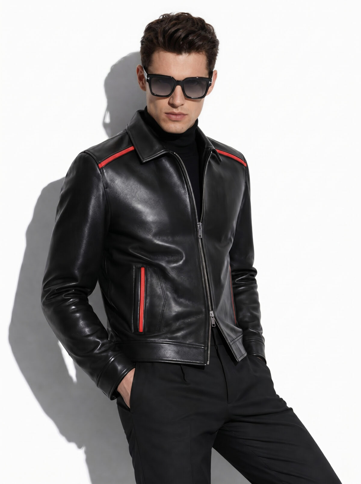 Black Nappa Jacket with Red Welt Detail