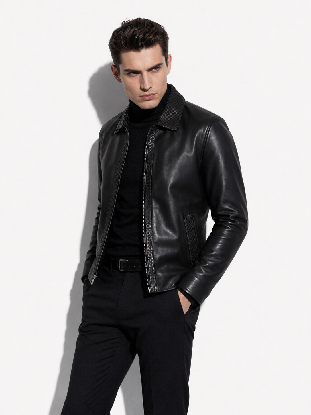 Black Nappa Jacket with Intrecciato Woven Details