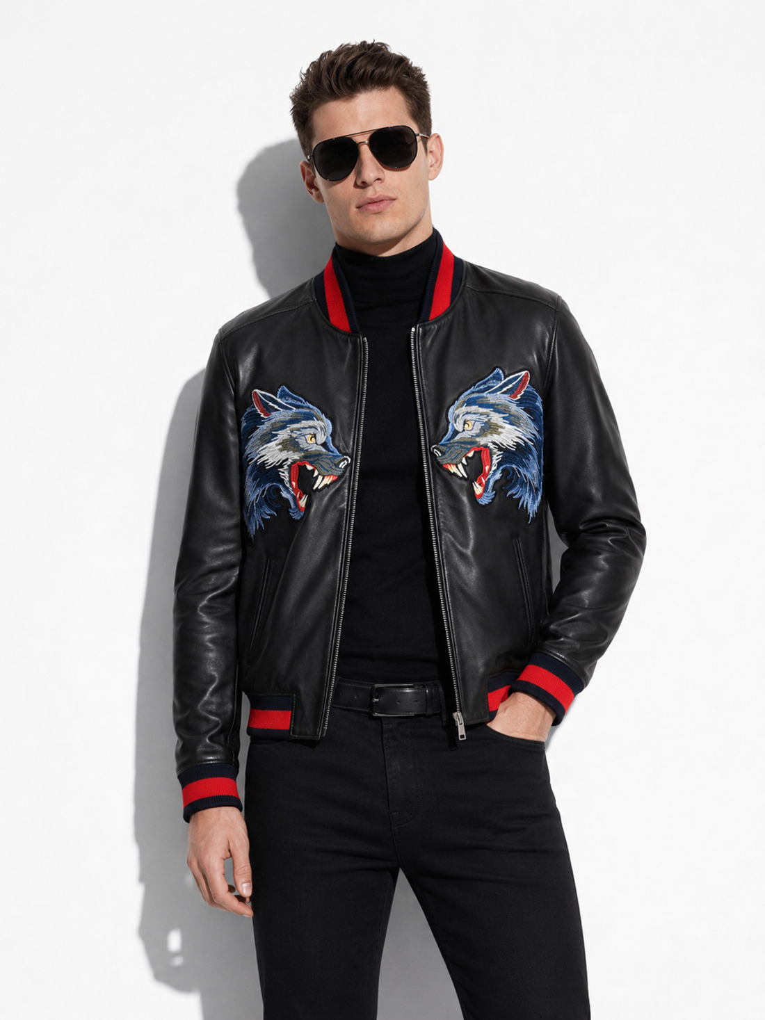 Wolf Embroidery Matte Leather Bomber