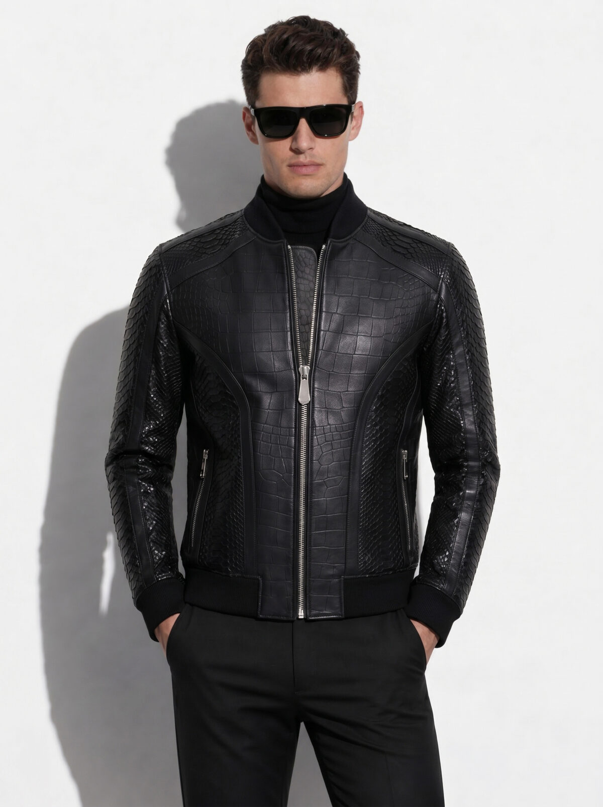 Crocodile Embossed Leather Bomber With Python Skin