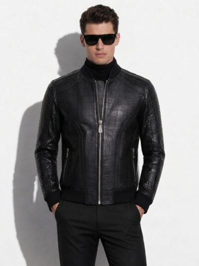 Crocodile Embossed Leather Bomber With Python Skin