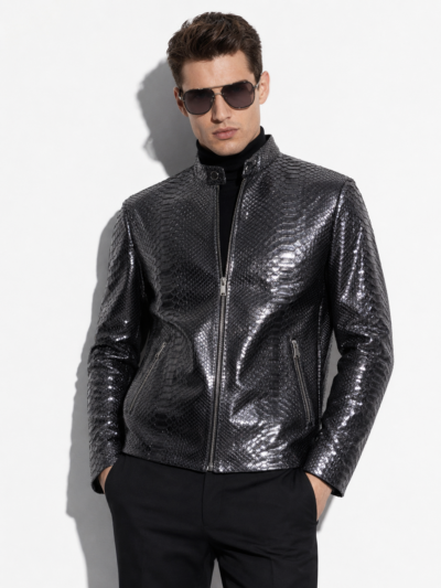 Metallic Grey Python Skin Racer Jacket