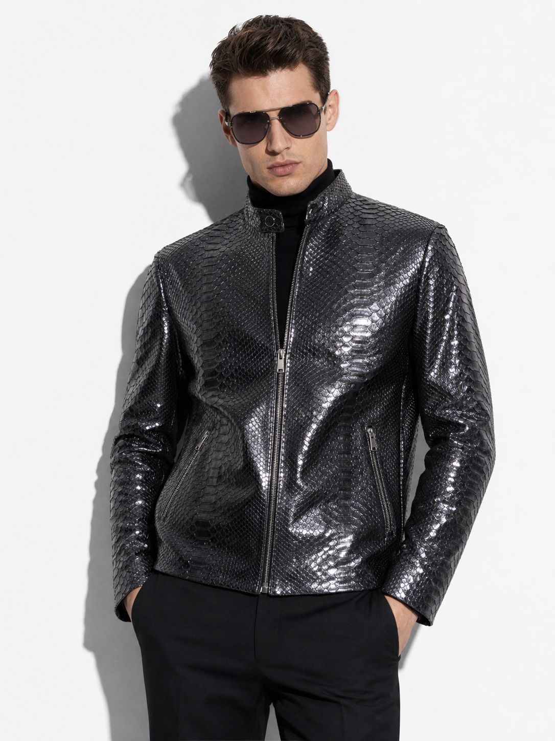 Metallic Grey Python Skin Racer Jacket
