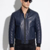 Hexagonal Quilted Sleeve Navy Leather Bomber