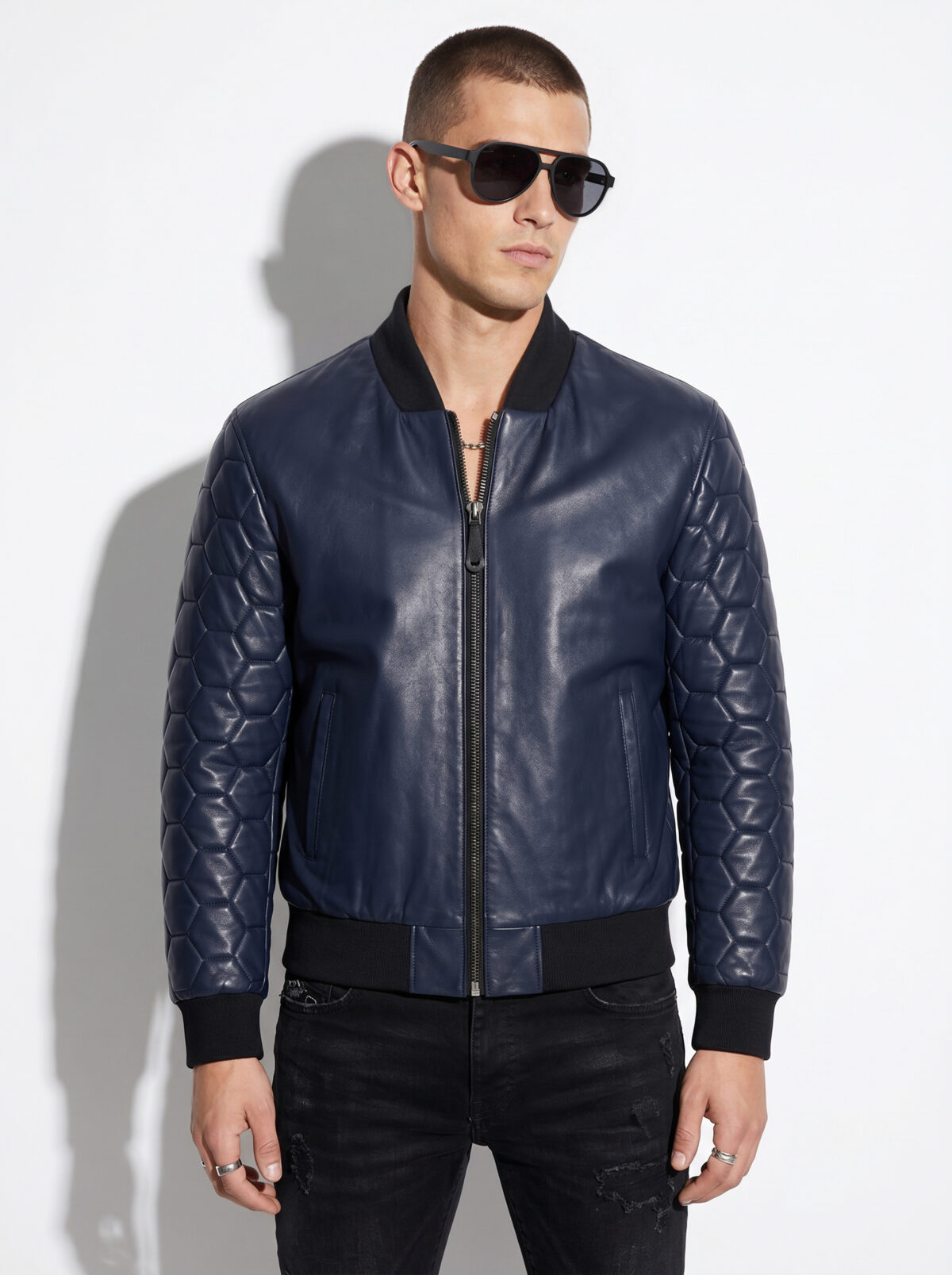Hexagonal Quilted Sleeve Navy Leather Bomber