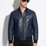 Hexagonal Quilted Sleeve Navy Leather Bomber