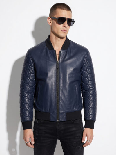 Hexagonal Quilted Sleeve Navy Leather Bomber