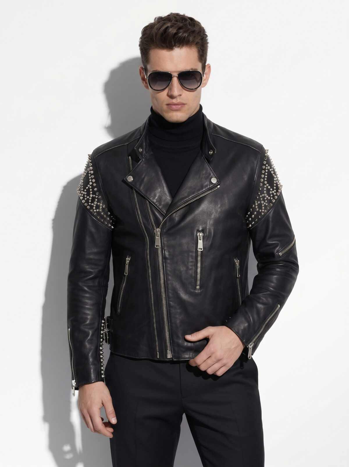 Studded Embellished Leather Biker Jacket