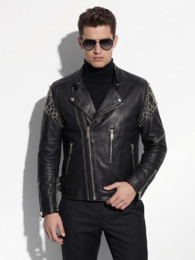 Studded Embellished Leather Biker Jacket