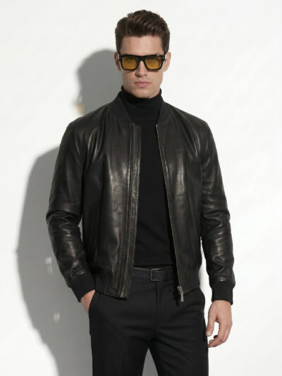 Skull Embossed Nappa Leather Bomber Jacket