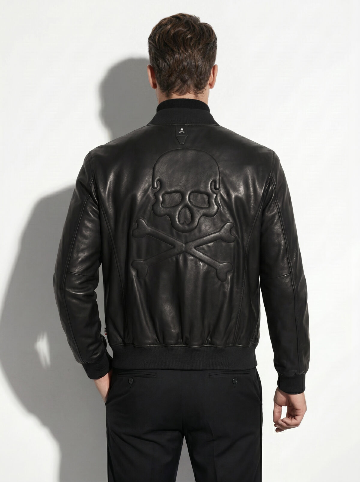 Skull Embossed Nappa Leather Bomber Jacket