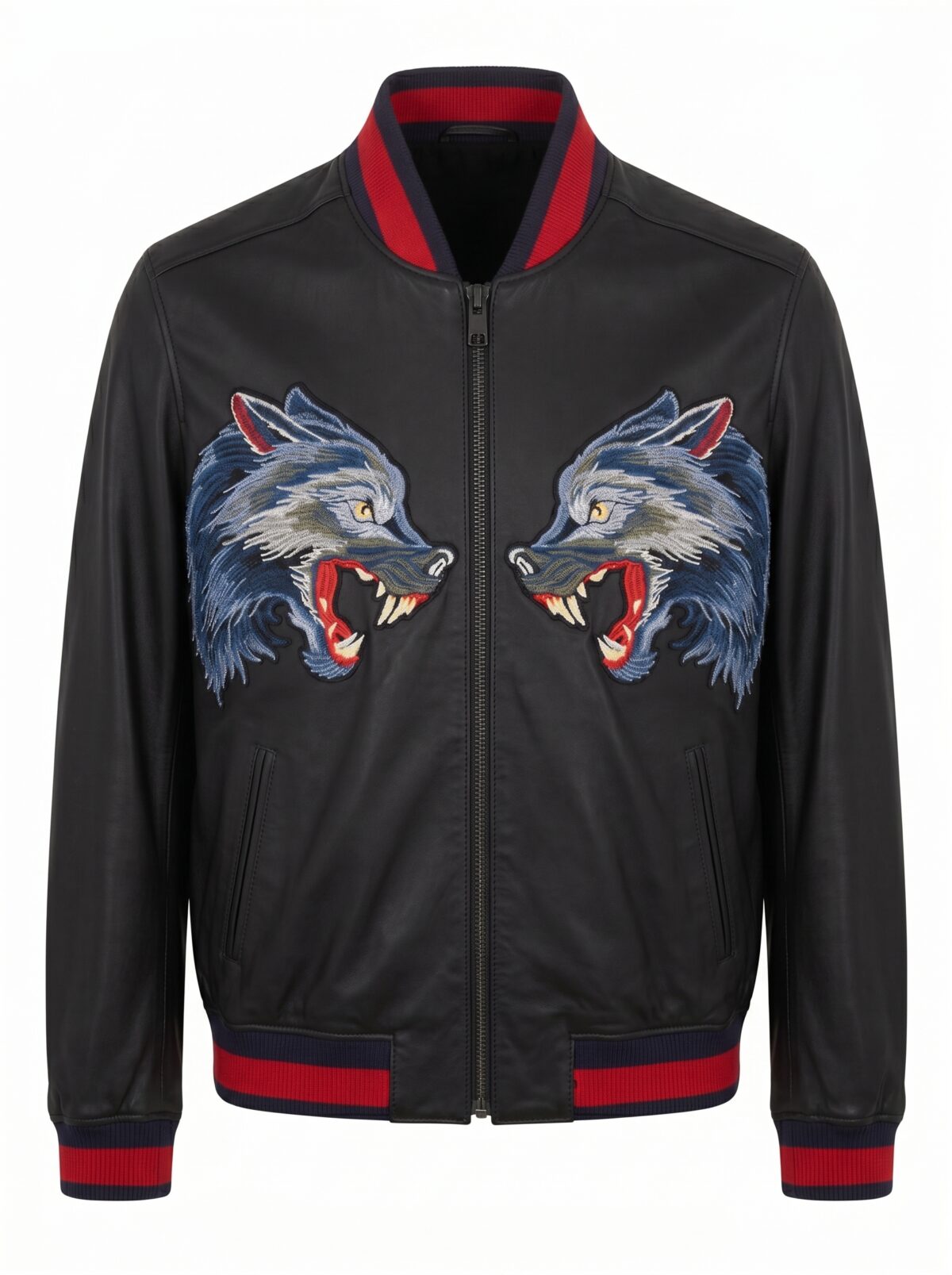 Wolf Embroidery Matte Leather Bomber