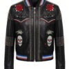 Crystal Skull and Rose Embellished Leather Bomber