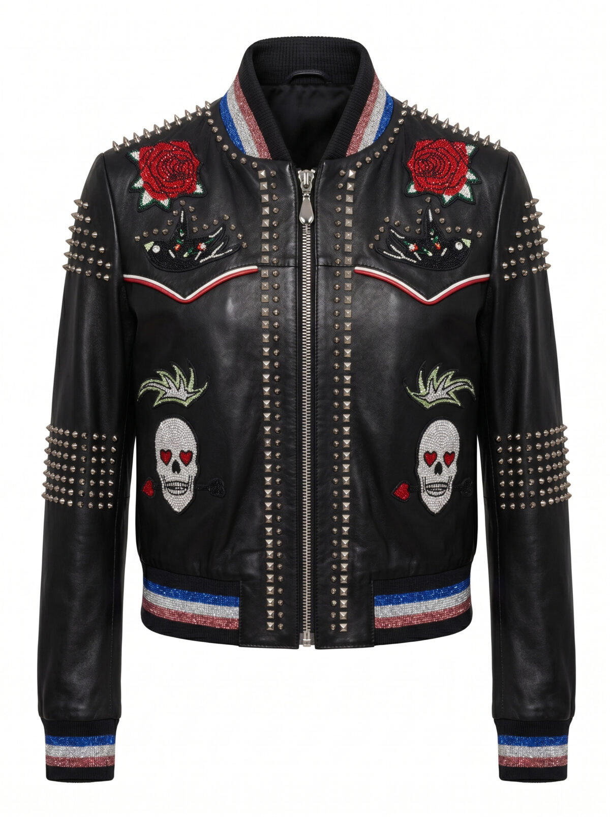 Crystal Skull and Rose Embellished Leather Bomber