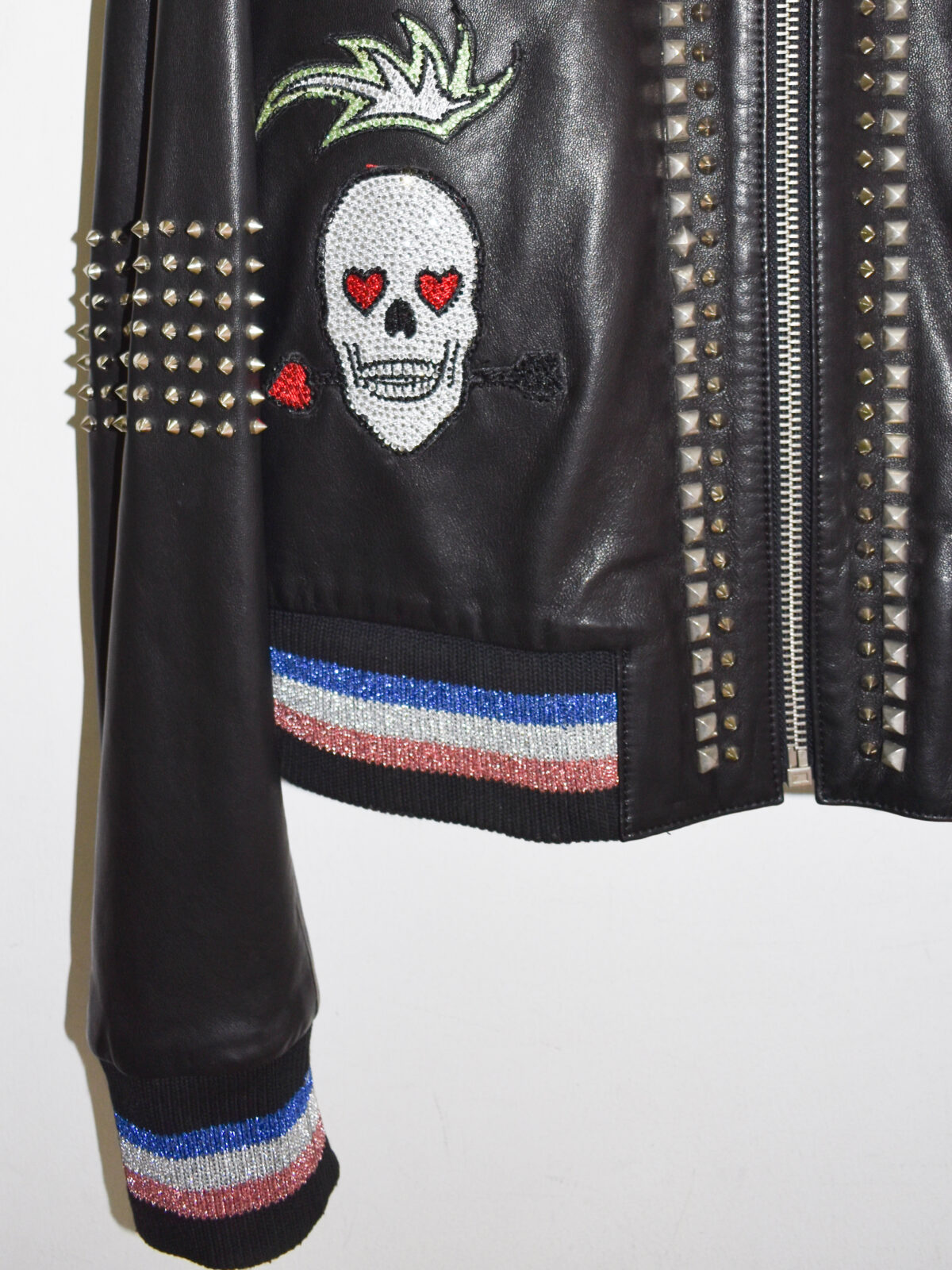 Crystal Skull and Rose Embellished Leather Bomber