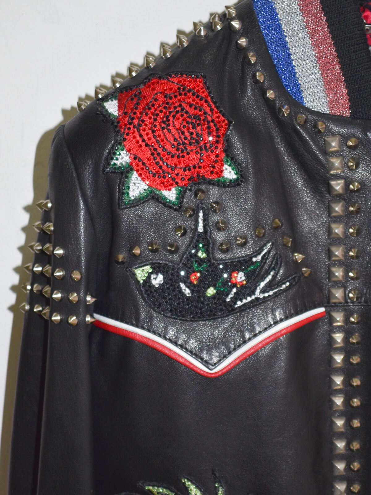 Crystal Skull and Rose Embellished Leather Bomber