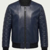 Hexagonal Quilted Sleeve Navy Leather Bomber