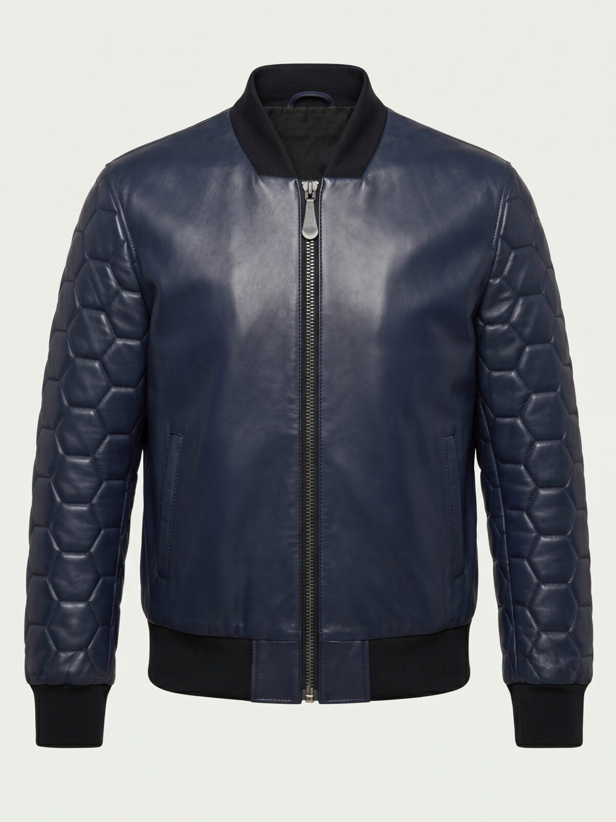 Hexagonal Quilted Sleeve Navy Leather Bomber