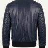 Hexagonal Quilted Sleeve Navy Leather Bomber