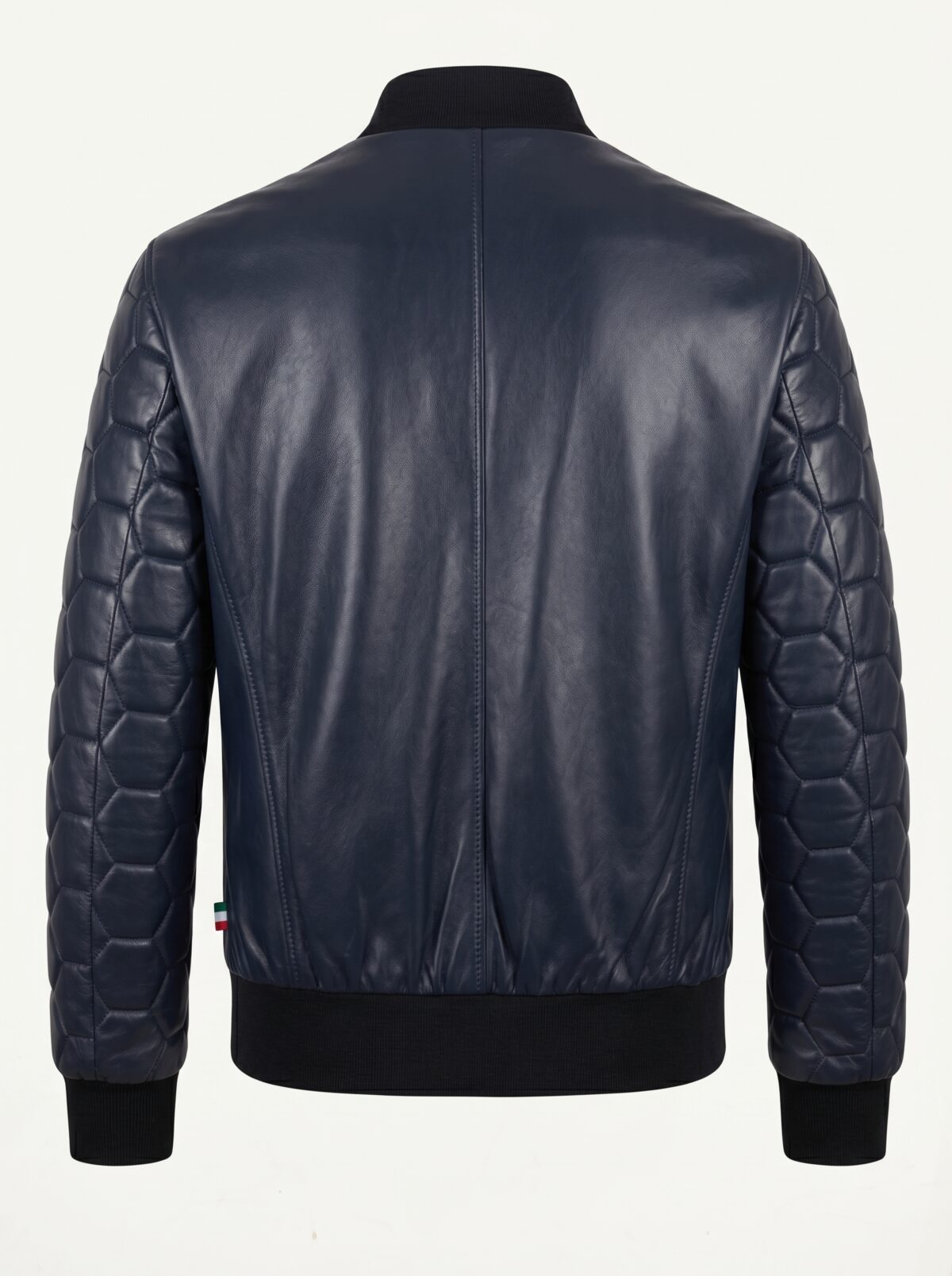 Hexagonal Quilted Sleeve Navy Leather Bomber