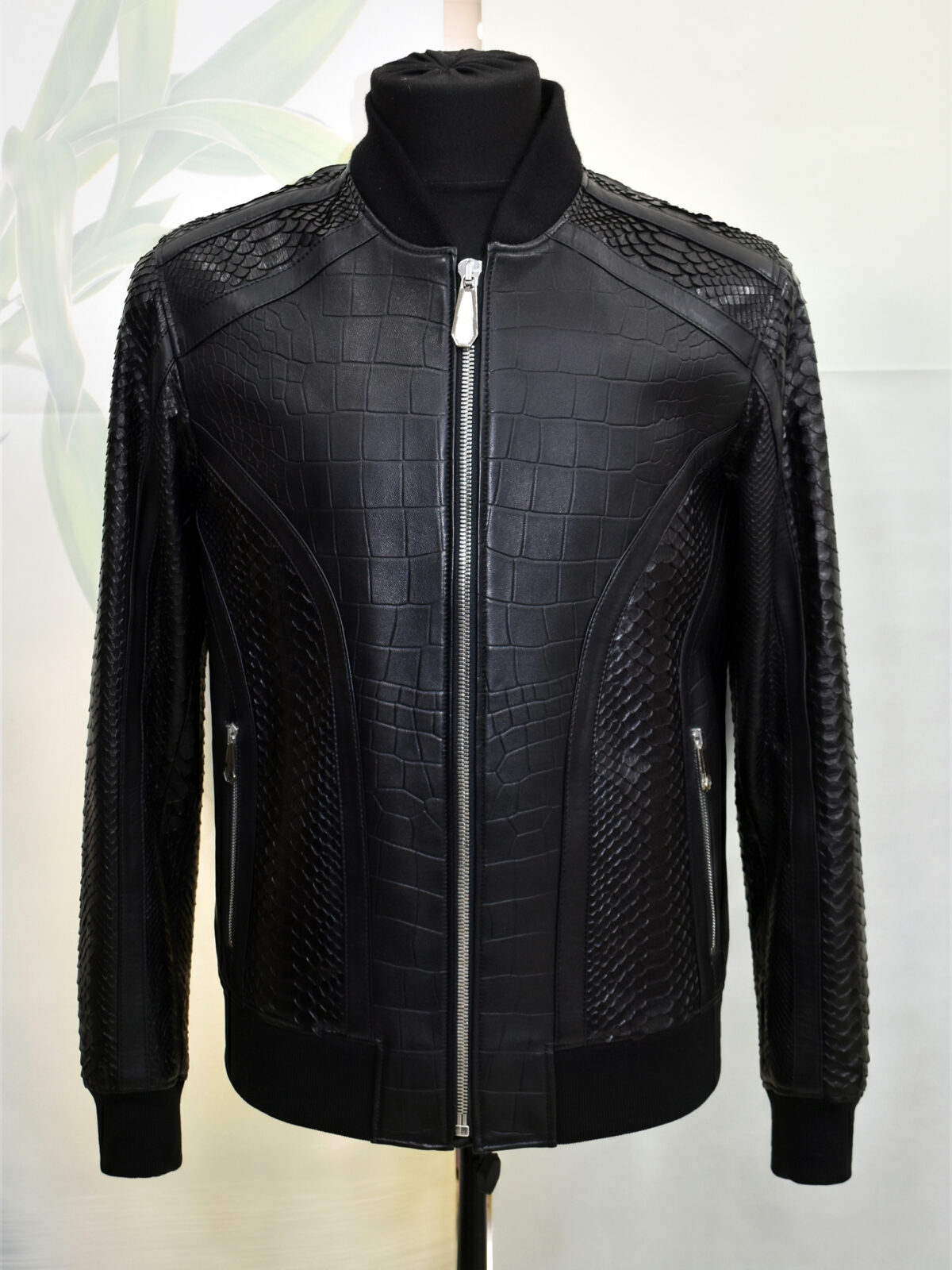 Crocodile Embossed Leather Bomber With Python Skin