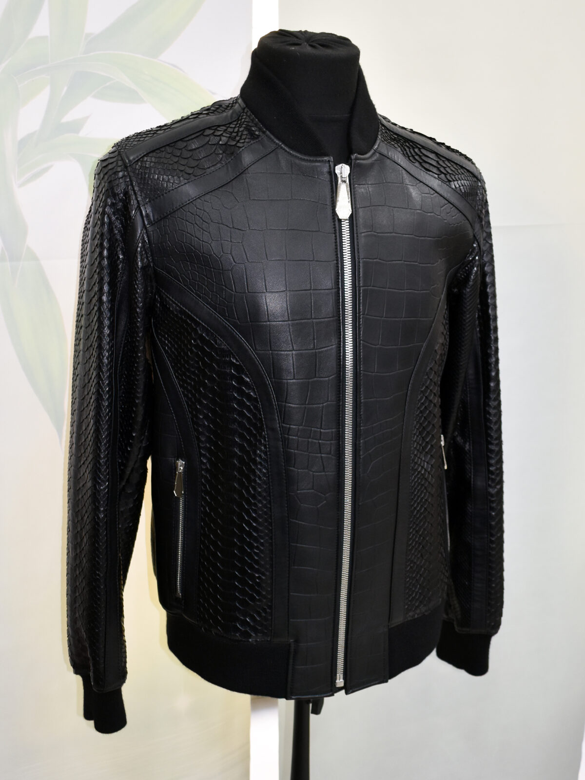 Crocodile Embossed Leather Bomber With Python Skin