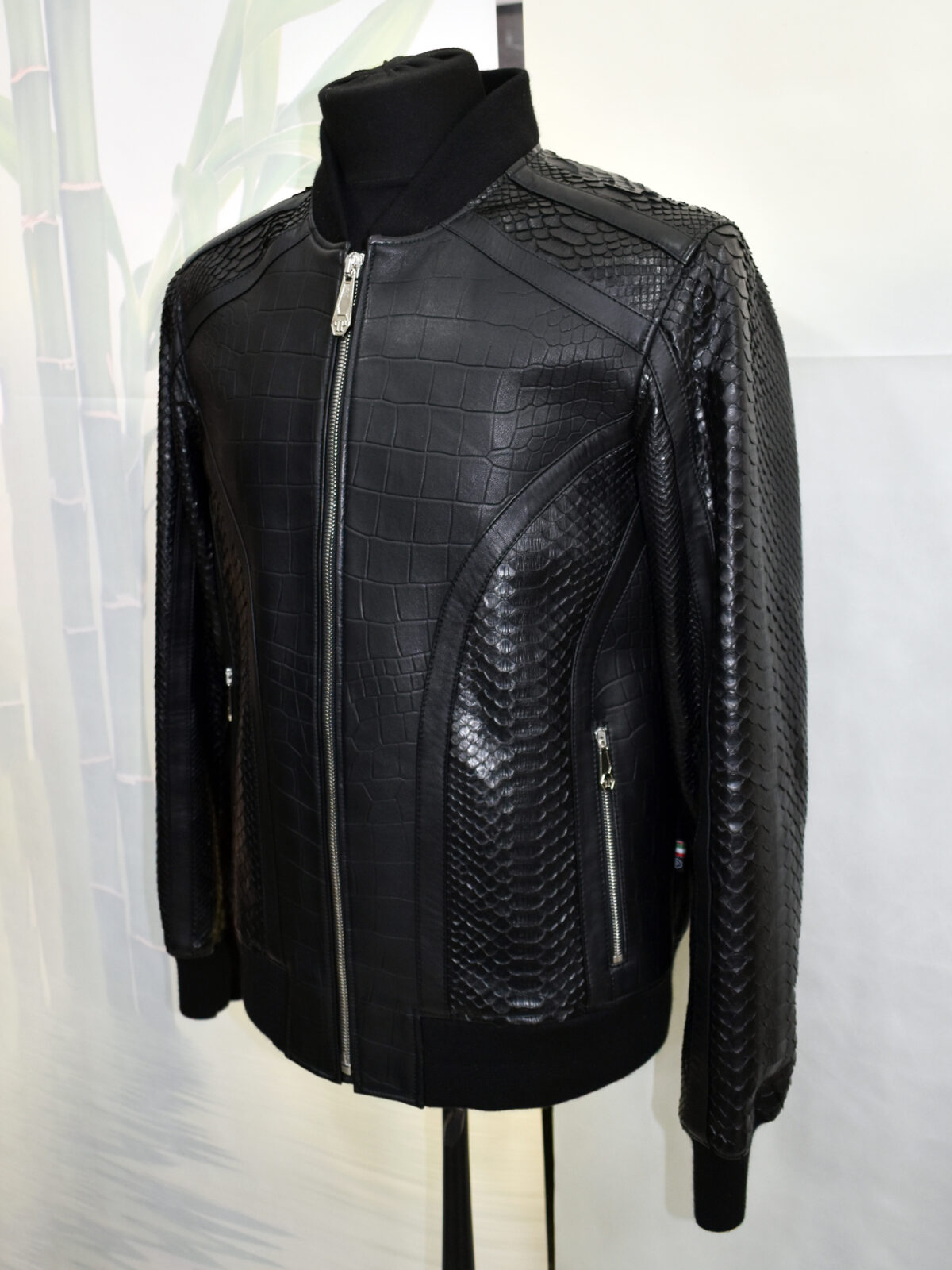 Crocodile Embossed Leather Bomber With Python Skin