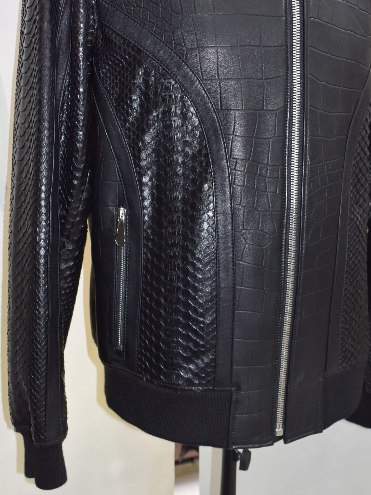 Crocodile Embossed Leather Bomber With Python Skin