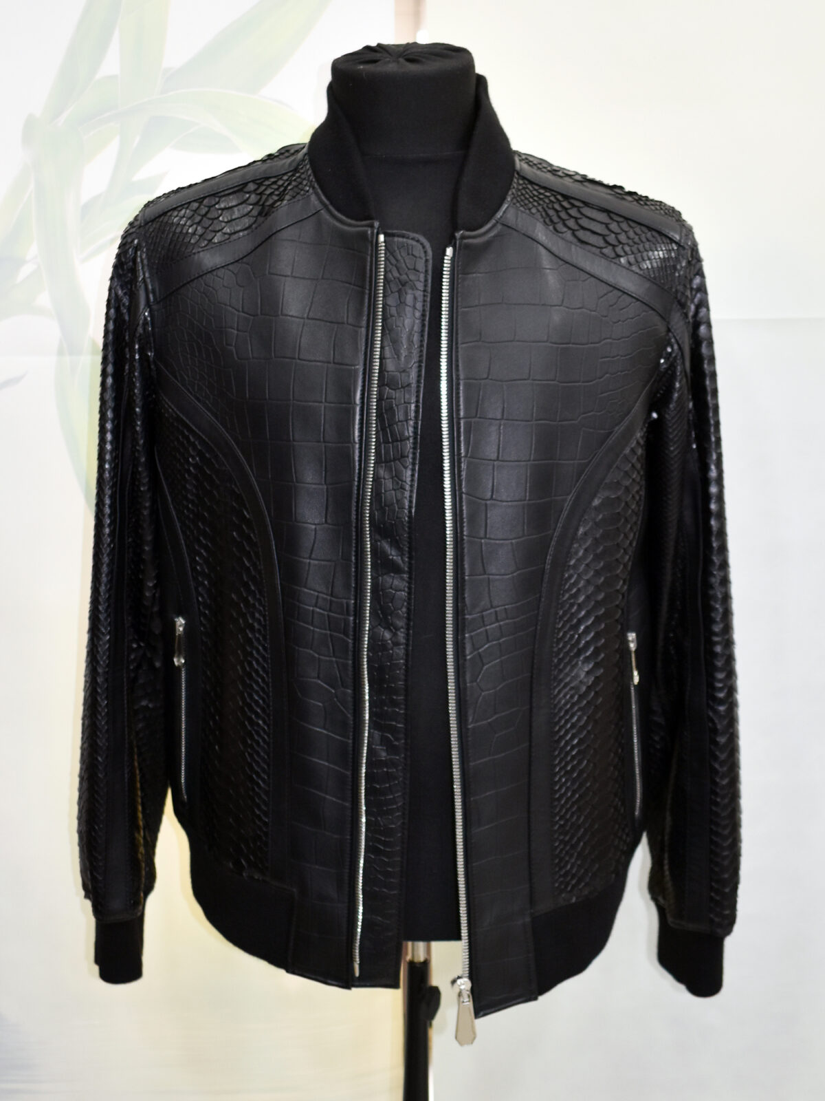 Crocodile Embossed Leather Bomber With Python Skin