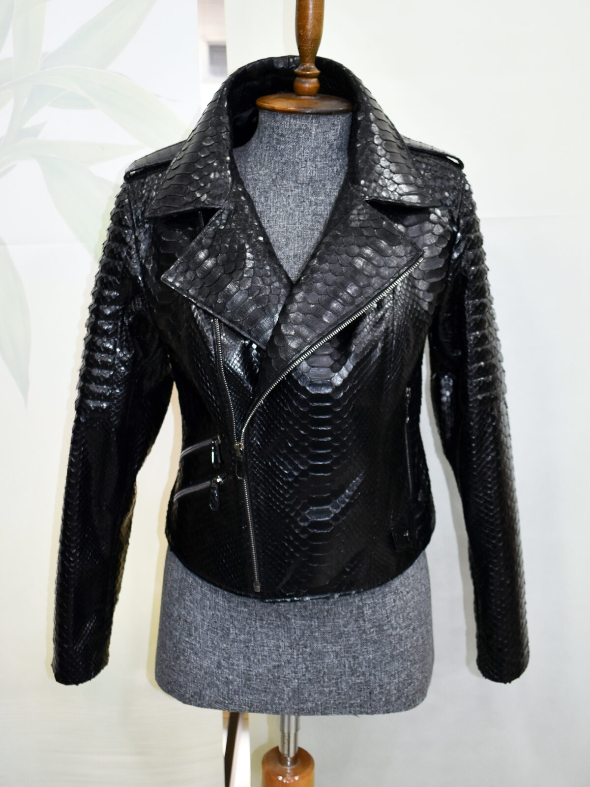 Python Leather Asymmetric Biker Jacket