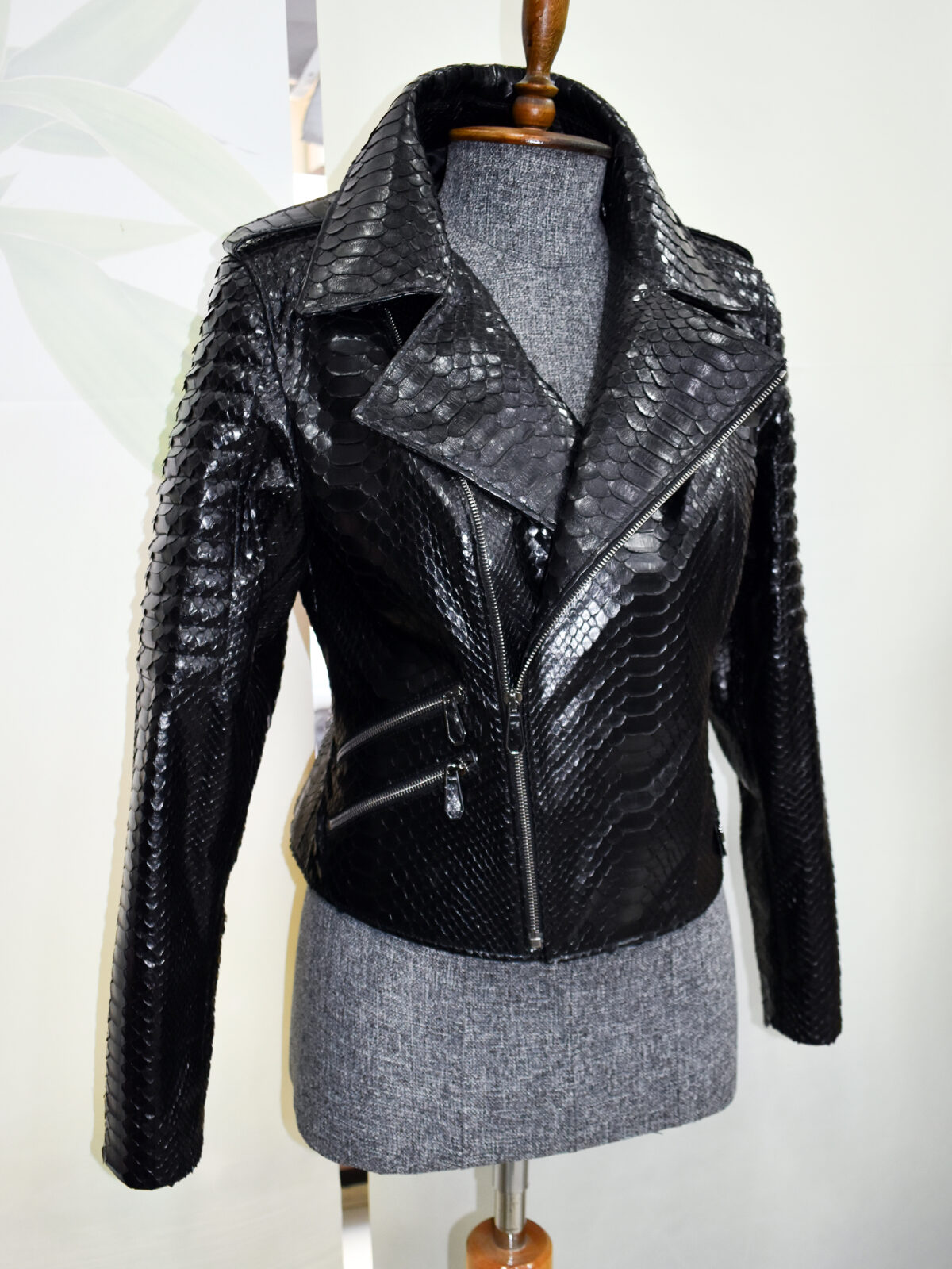 Python Leather Asymmetric Biker Jacket