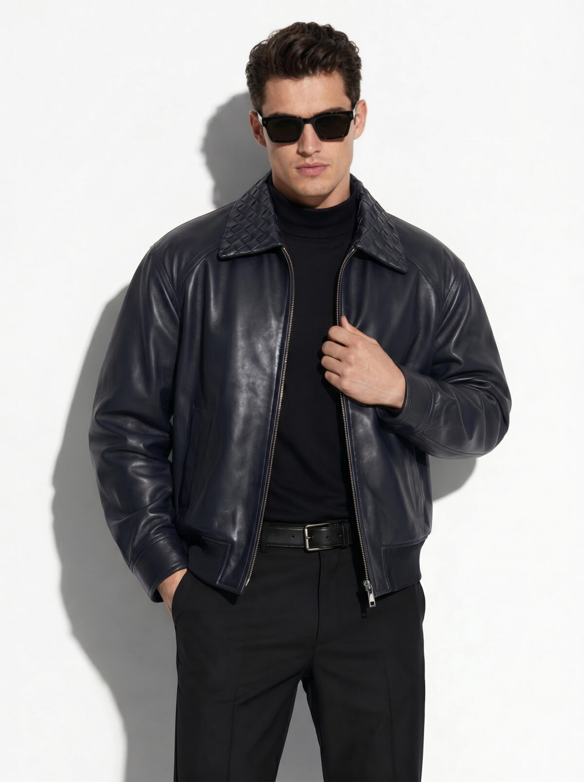 Intrecciato Collar Oversized Leather Bomber