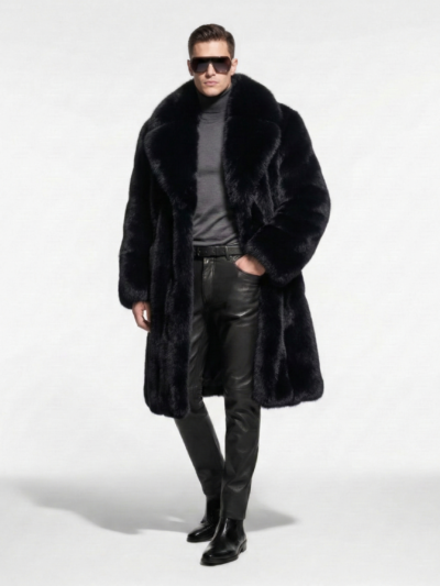 Black Fox Fur Coat With Wide Collar