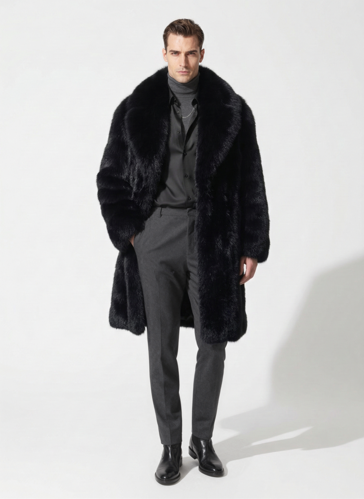 Black Fox Fur Coat With Wide Collar