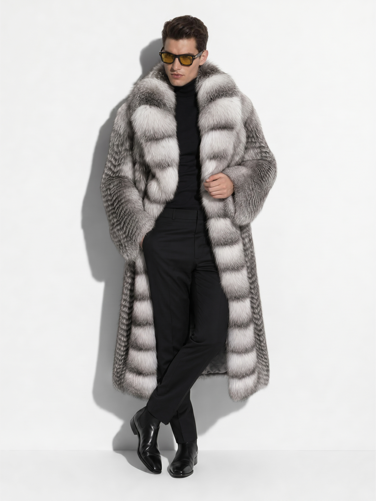 Arctic Marble Fox Fur Coat With Wide Collar