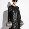 Python Leather Coat with Silver Fox Fur Cuffs