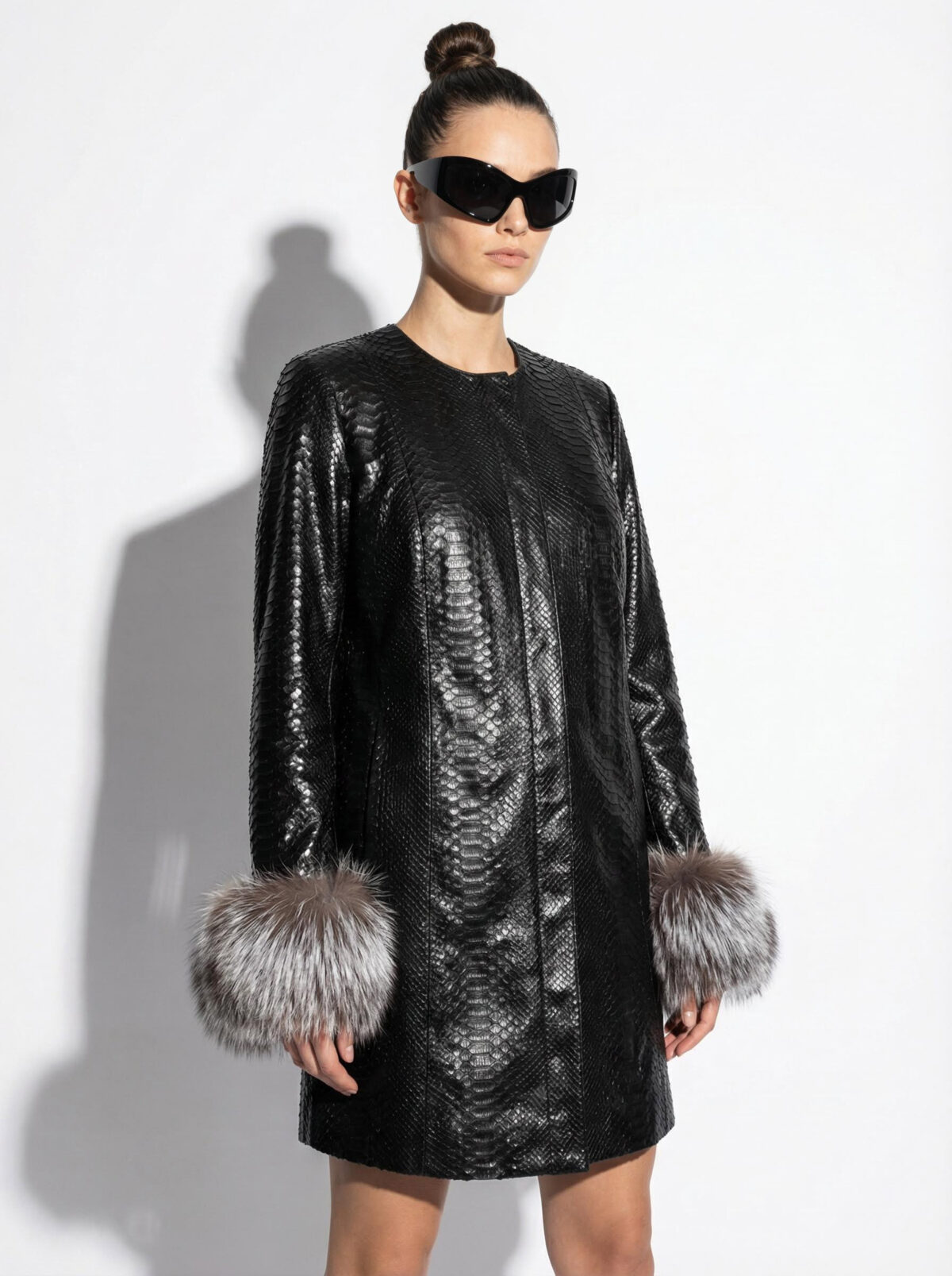 Python Leather Coat with Silver Fox Fur Cuffs