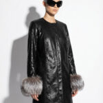Python Leather Coat with Silver Fox Fur Cuffs