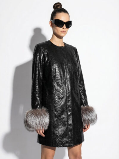 Python Leather Coat with Silver Fox Fur Cuffs
