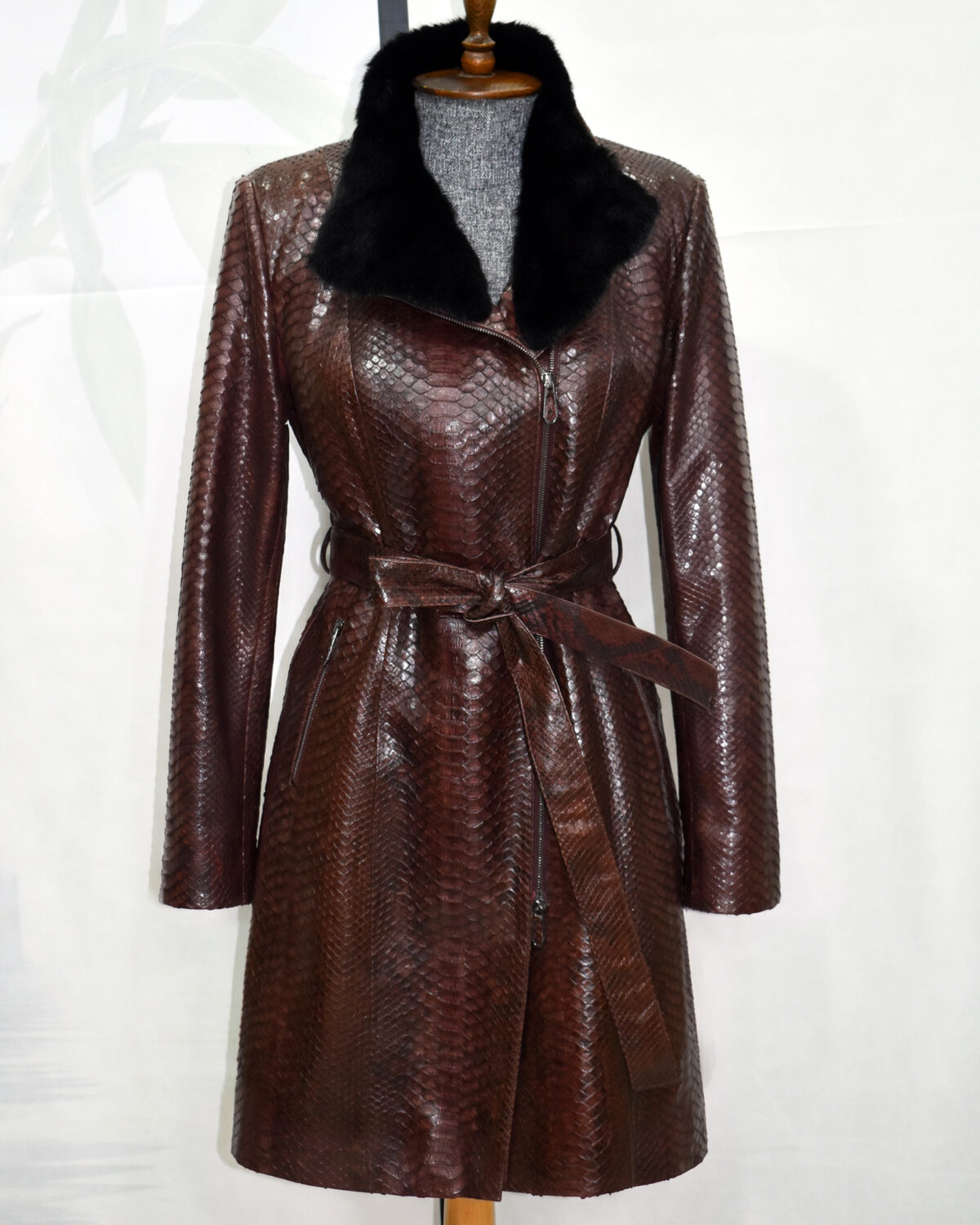 Python Leather Belted Coat With Mink Fur