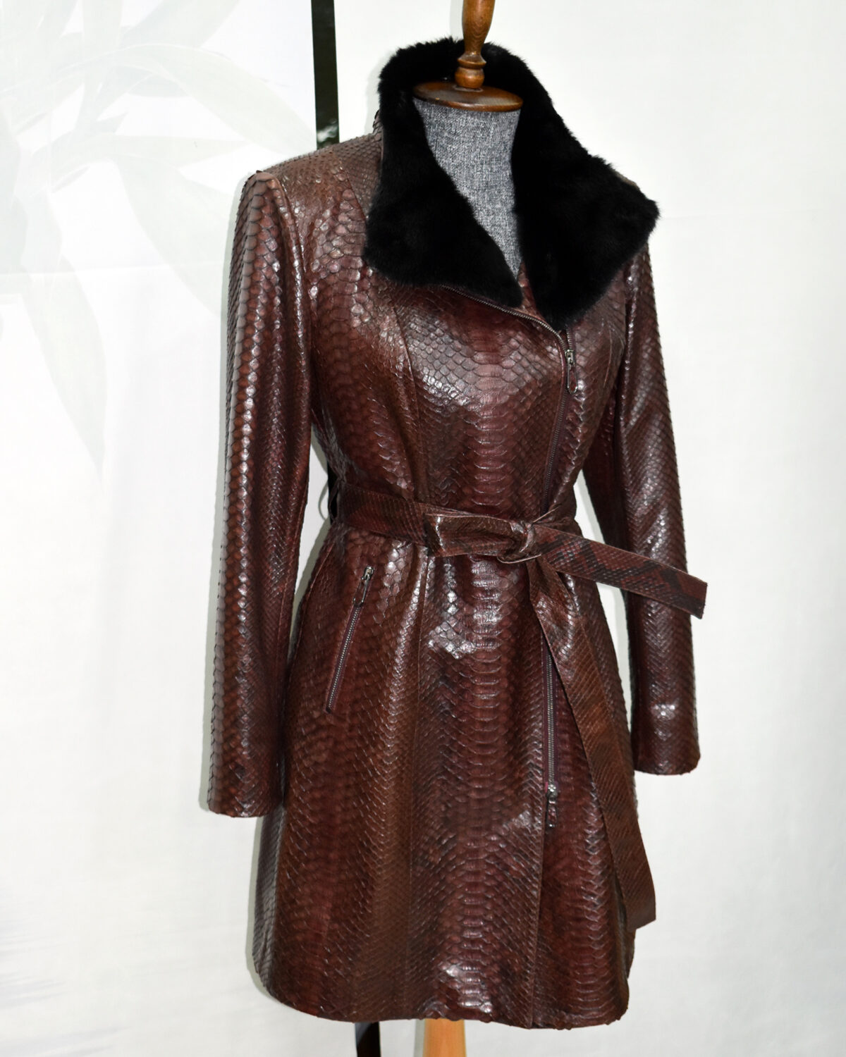 Python Leather Belted Coat With Mink Fur