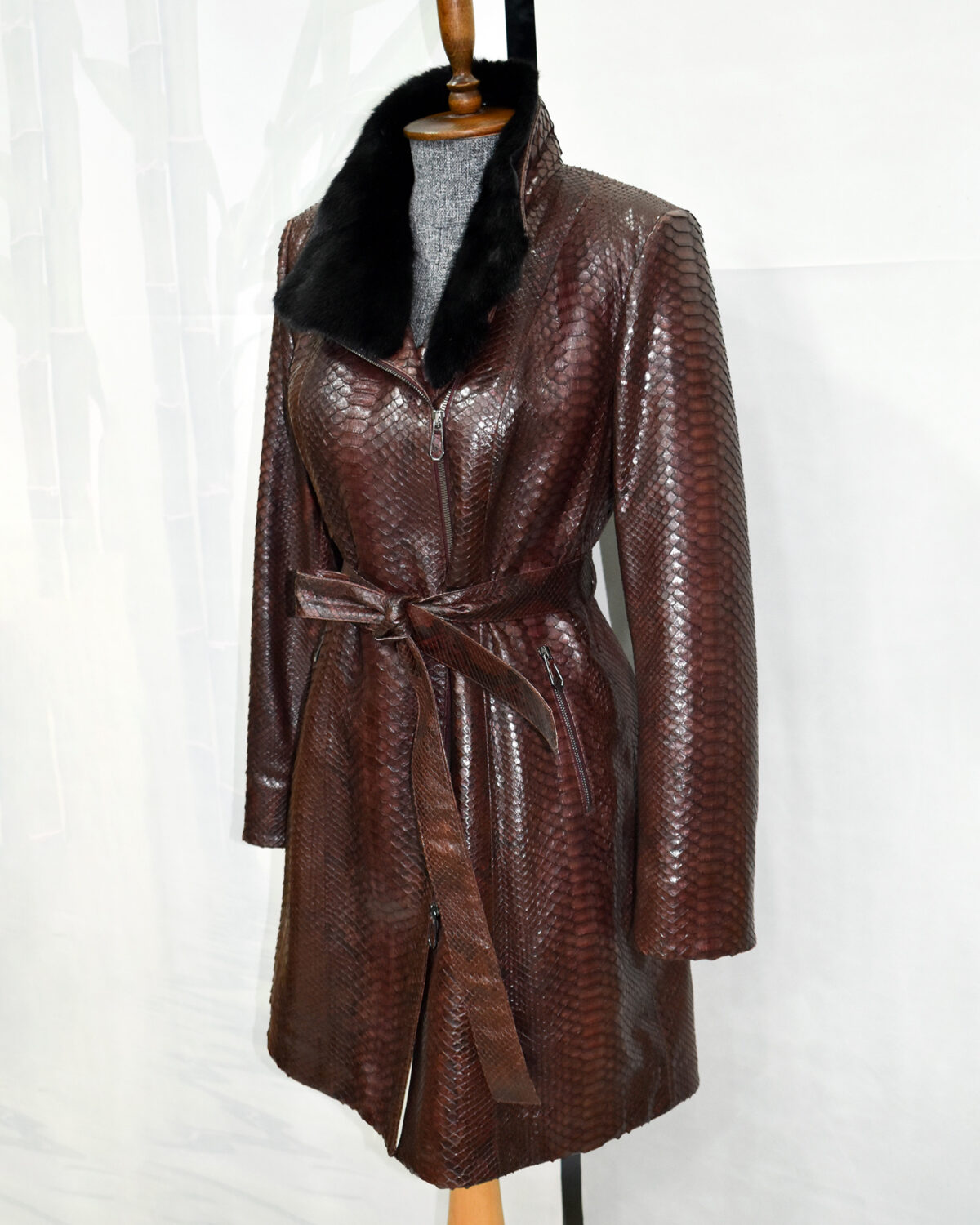 Python Leather Belted Coat With Mink Fur