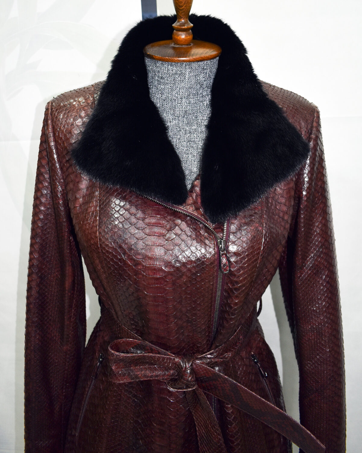 Python Leather Belted Coat With Mink Fur