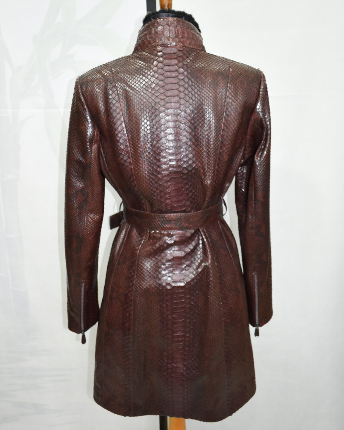 Python Leather Belted Coat With Mink Fur