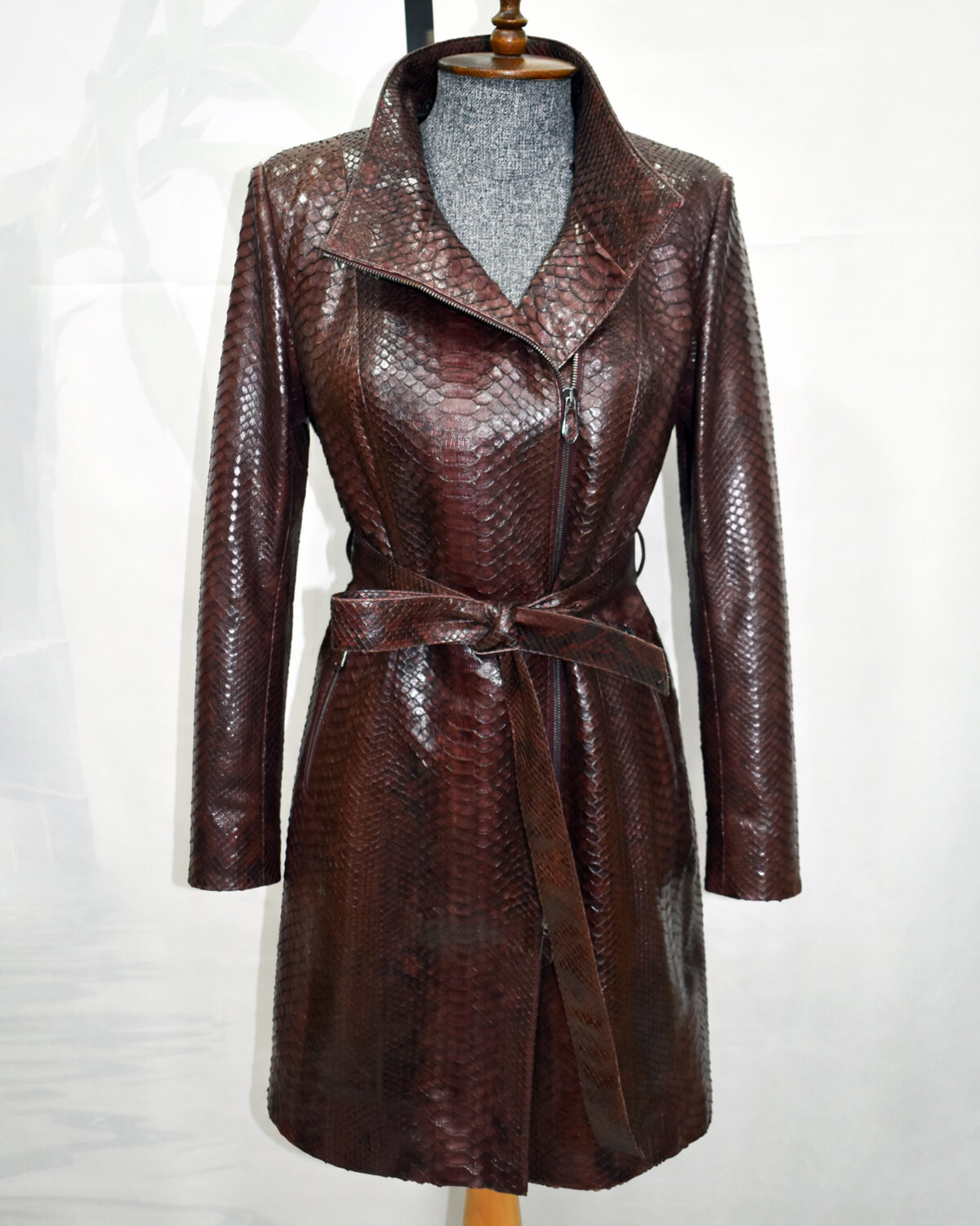Python Leather Belted Coat With Mink Fur