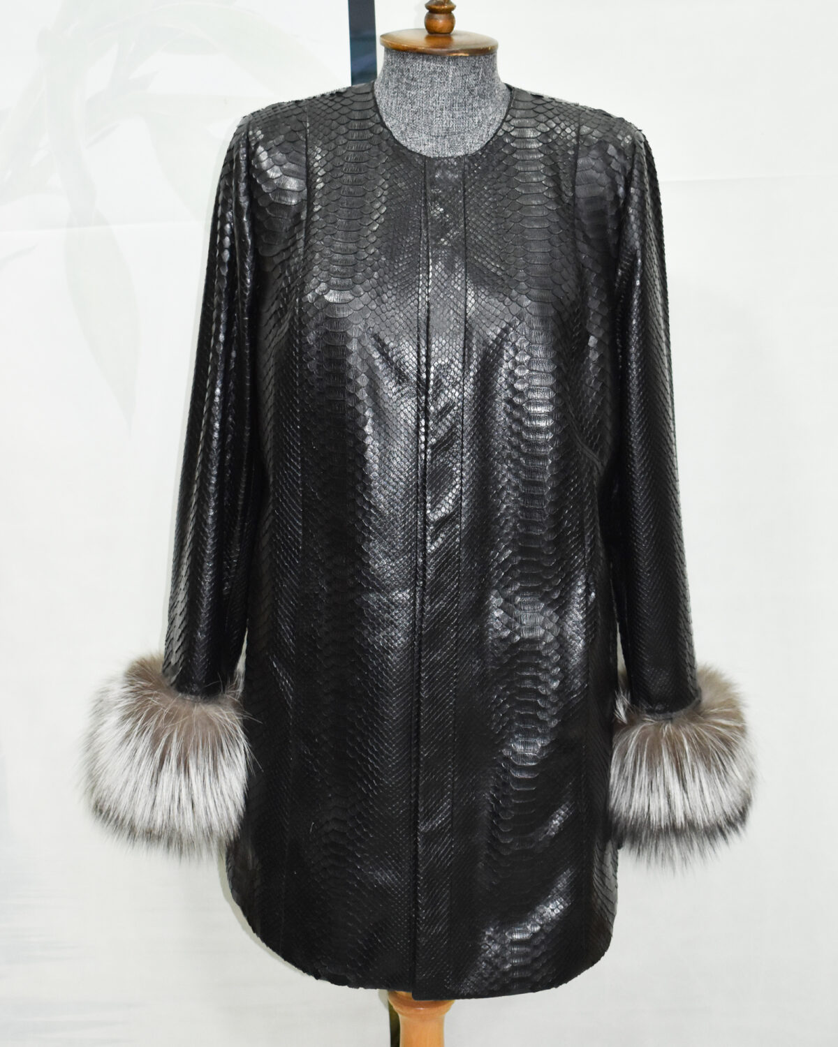 Python Leather Coat with Silver Fox Fur Cuffs