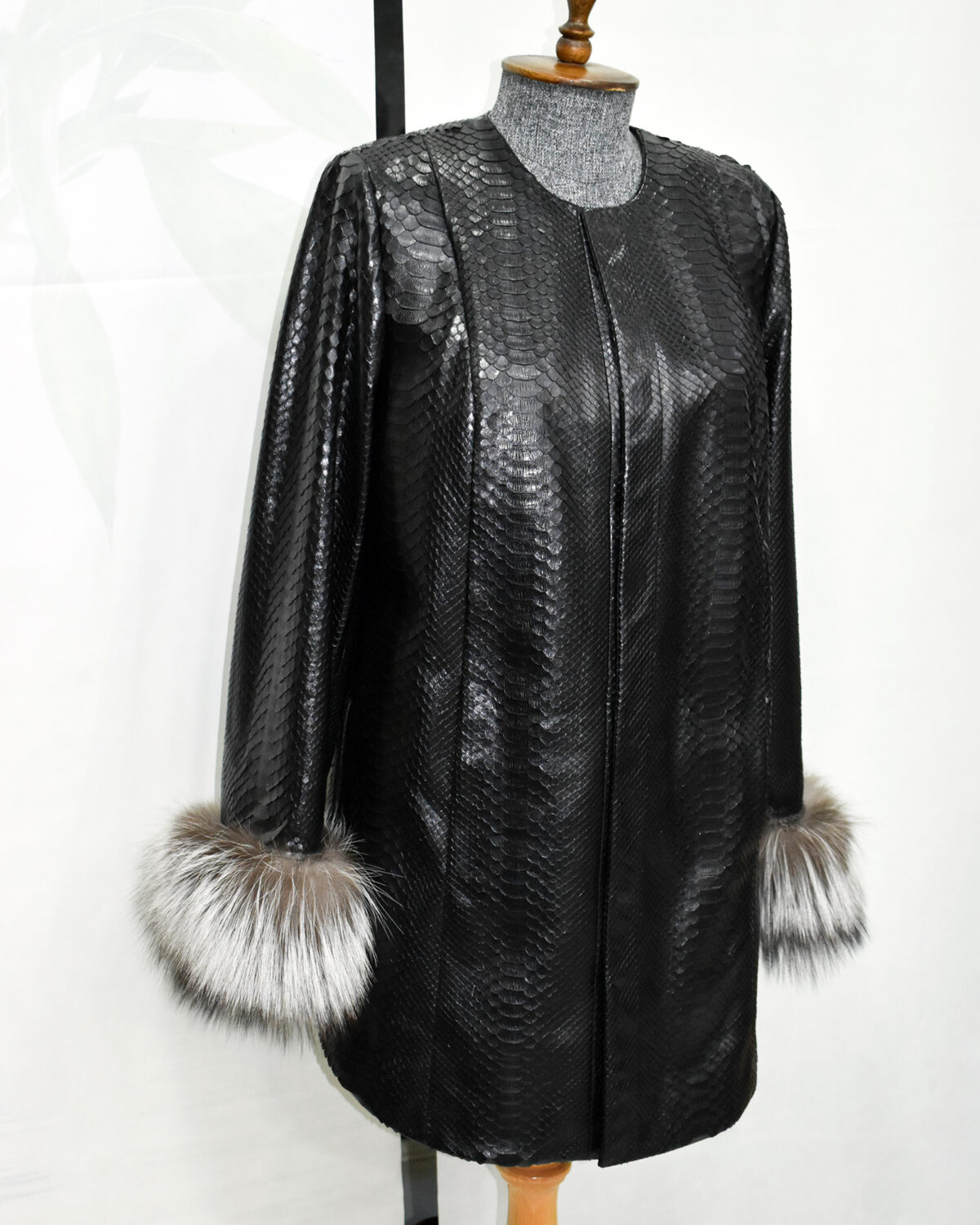 Python Leather Coat with Silver Fox Fur Cuffs