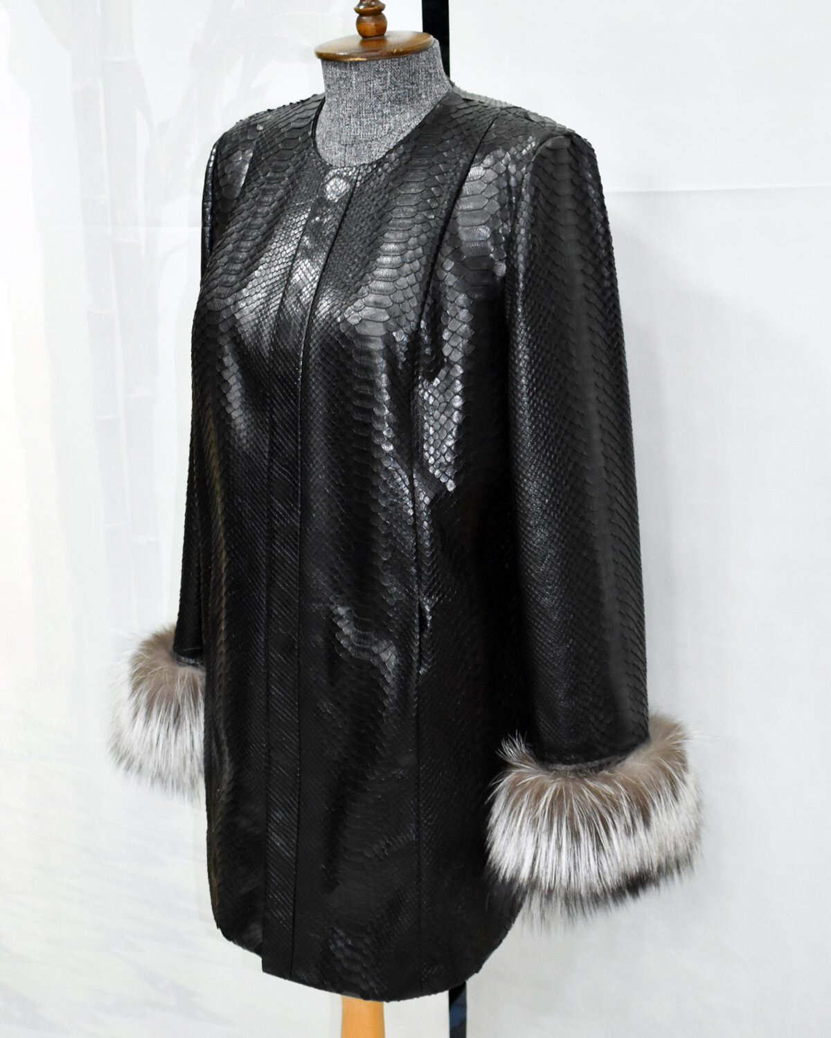 Python Leather Coat with Silver Fox Fur Cuffs