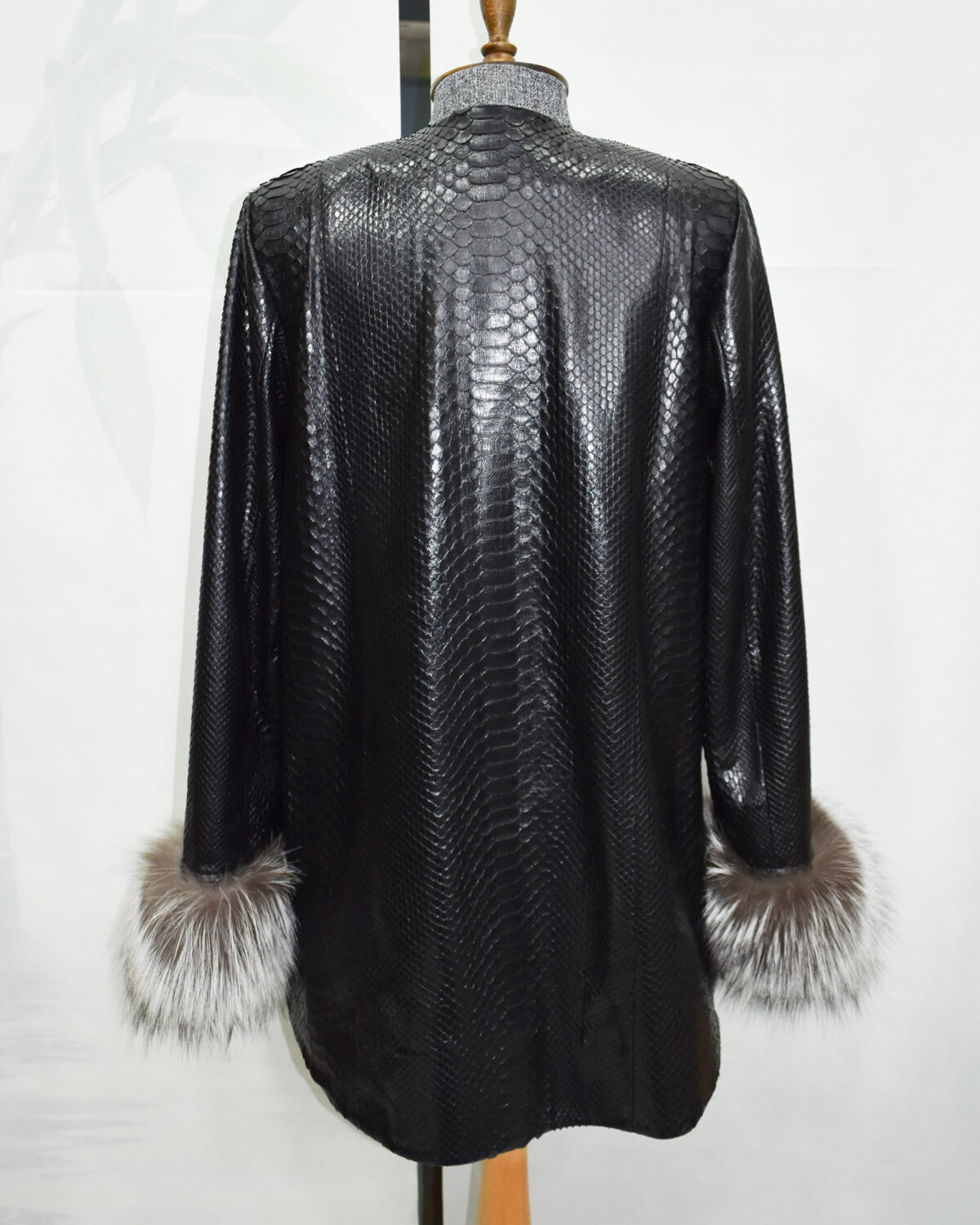 Python Leather Coat with Silver Fox Fur Cuffs