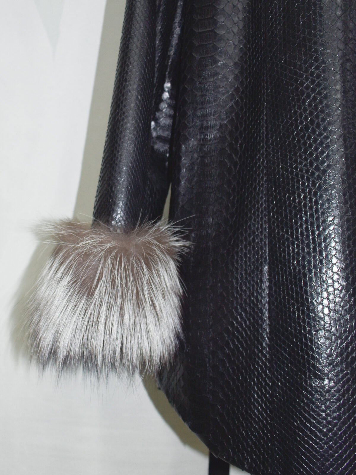 Python Leather Coat with Silver Fox Fur Cuffs